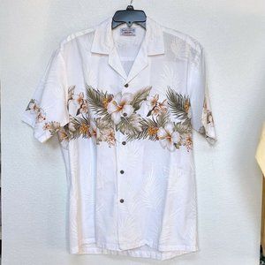 Pacific Legend White Hawaiian Shirt SS Floral Band Print USA 100% Cotton - Large